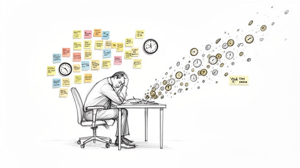 A stressed man at a desk with many sticky notes, as clocks fly away, symbolizing time drain.