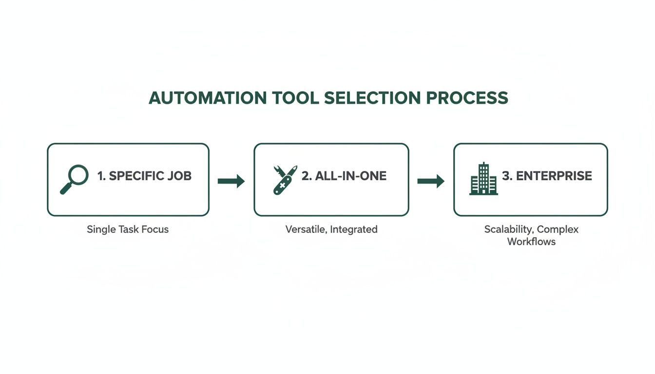 A flowchart illustrating a three-step automation tool selection process: specific job, all-in-one, and enterprise.