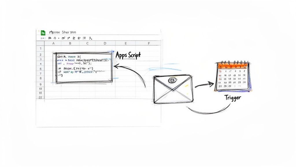 Diagram showing Google Sheets Apps Script sending an email, triggered by a calendar schedule.