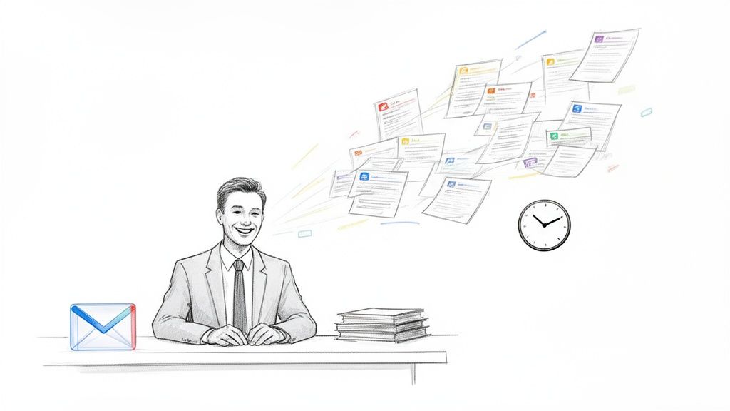 A smiling man at a desk with an email icon, books, and digital documents flying, depicting efficiency.