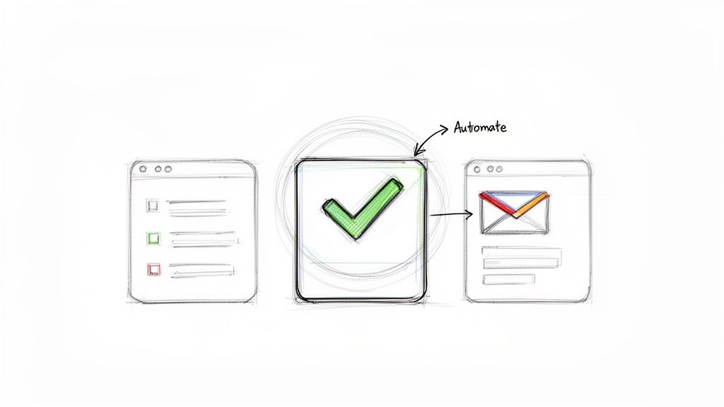 Sketch illustrating a completed task on a checklist automatically triggering an email notification.