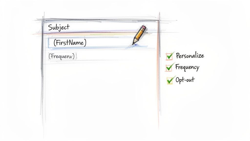 Hand-drawn sketch showing email subject personalization, frequency, and opt-out settings.