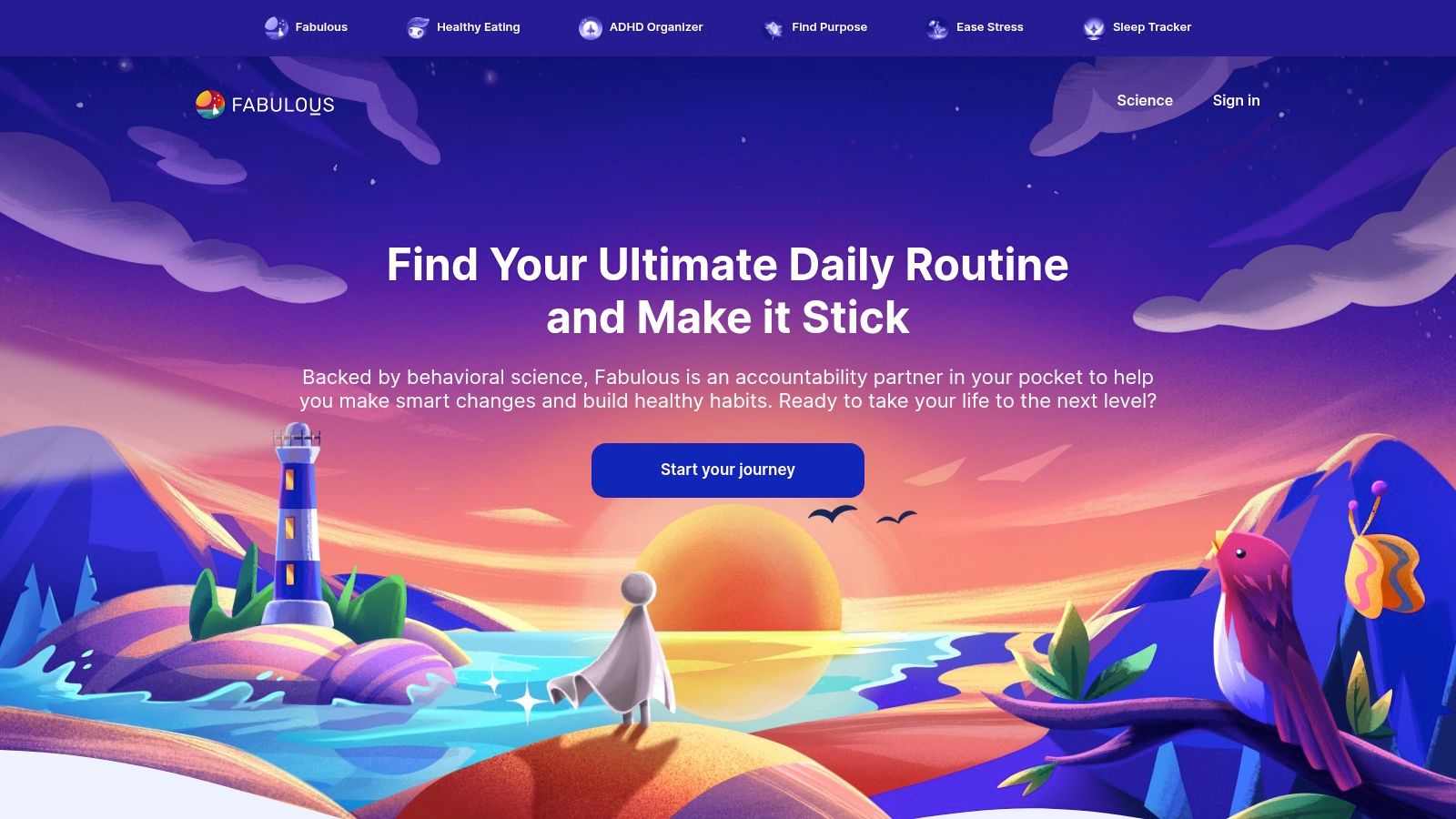 The Fabulous app interface showing a guided morning routine journey.