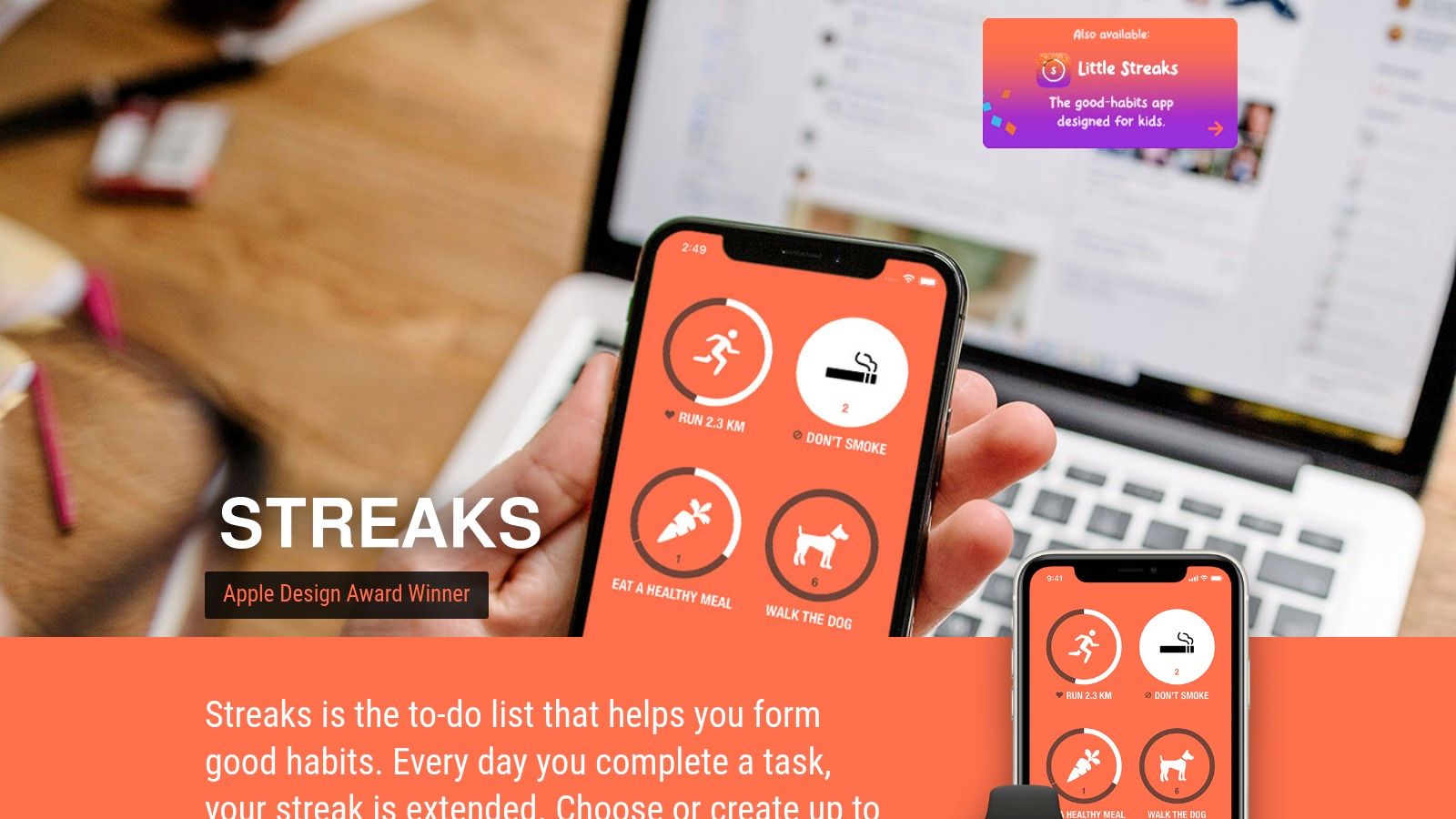 A screenshot of the Streaks app interface showing several habits with their streak counts, such as Walk 10,000 steps and Read.