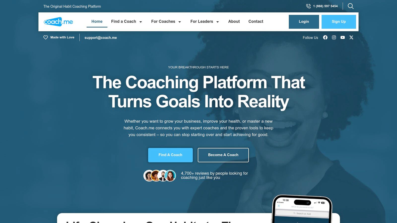 A screenshot of the Coach.me dashboard showing habit tracking and community interactions.