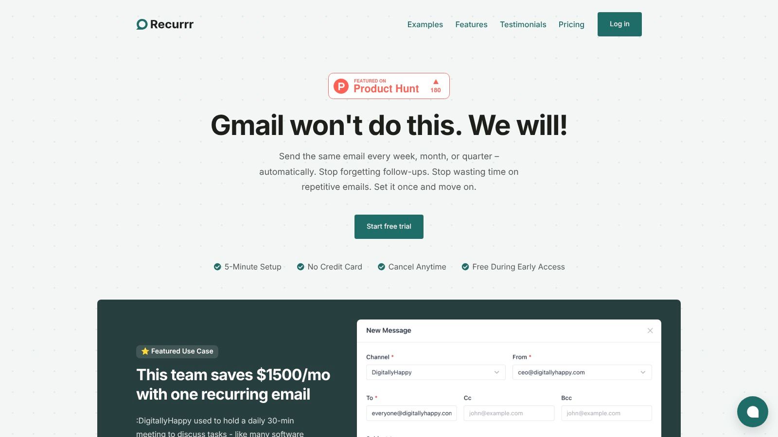 A user scheduling a recurring email in the Recurrr application, showcasing its calendar view and simple interface.