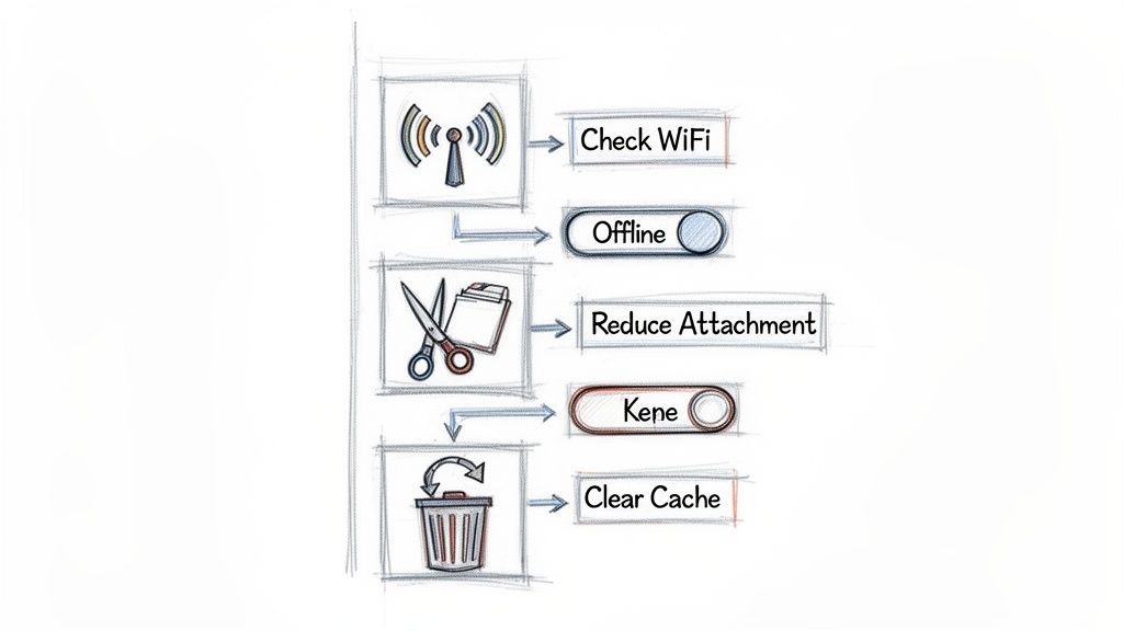 Flowchart showing steps to optimize email: check WiFi, toggle offline, reduce attachment, and clear cache.
