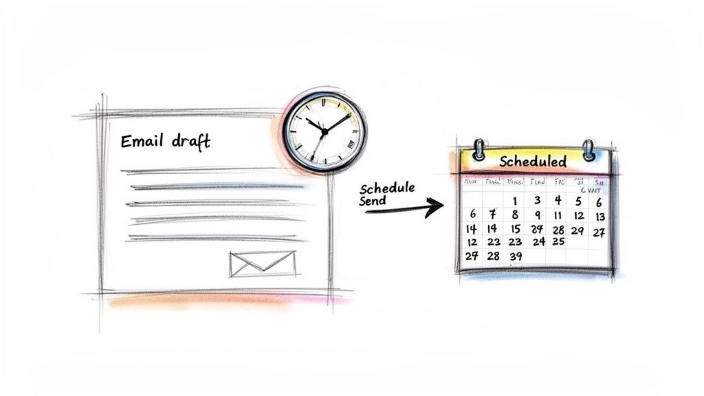 Hand-drawn illustration showing an email draft, a clock, and a calendar for scheduled sending.