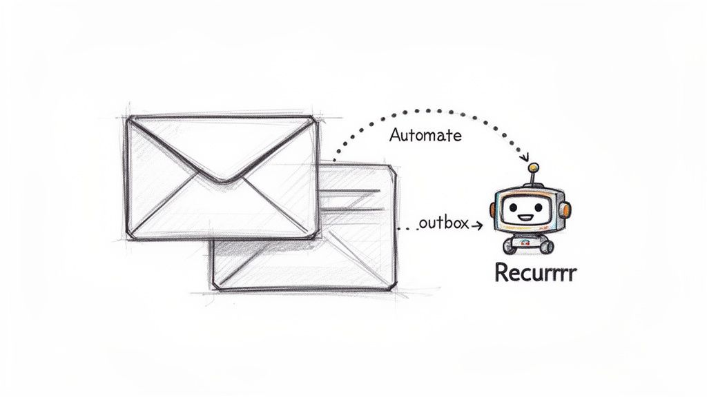 Sketch of emails in an outbox being automated by a friendly robot named Recurrrr.