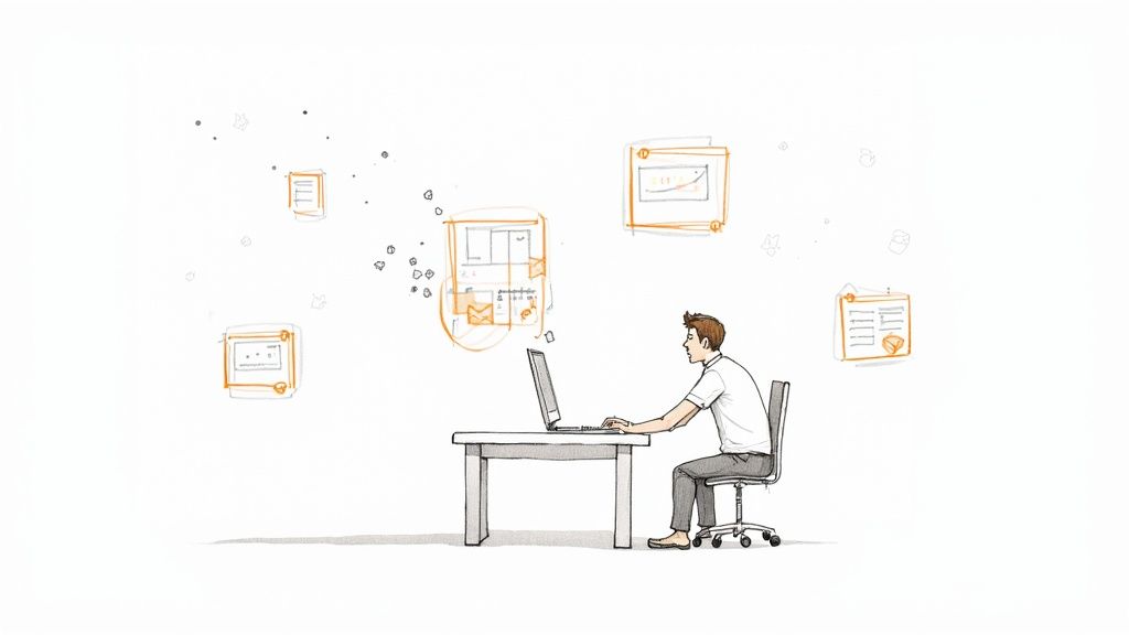 A stylized illustration of a person using a laptop, with various digital documents and data icons floating around.
