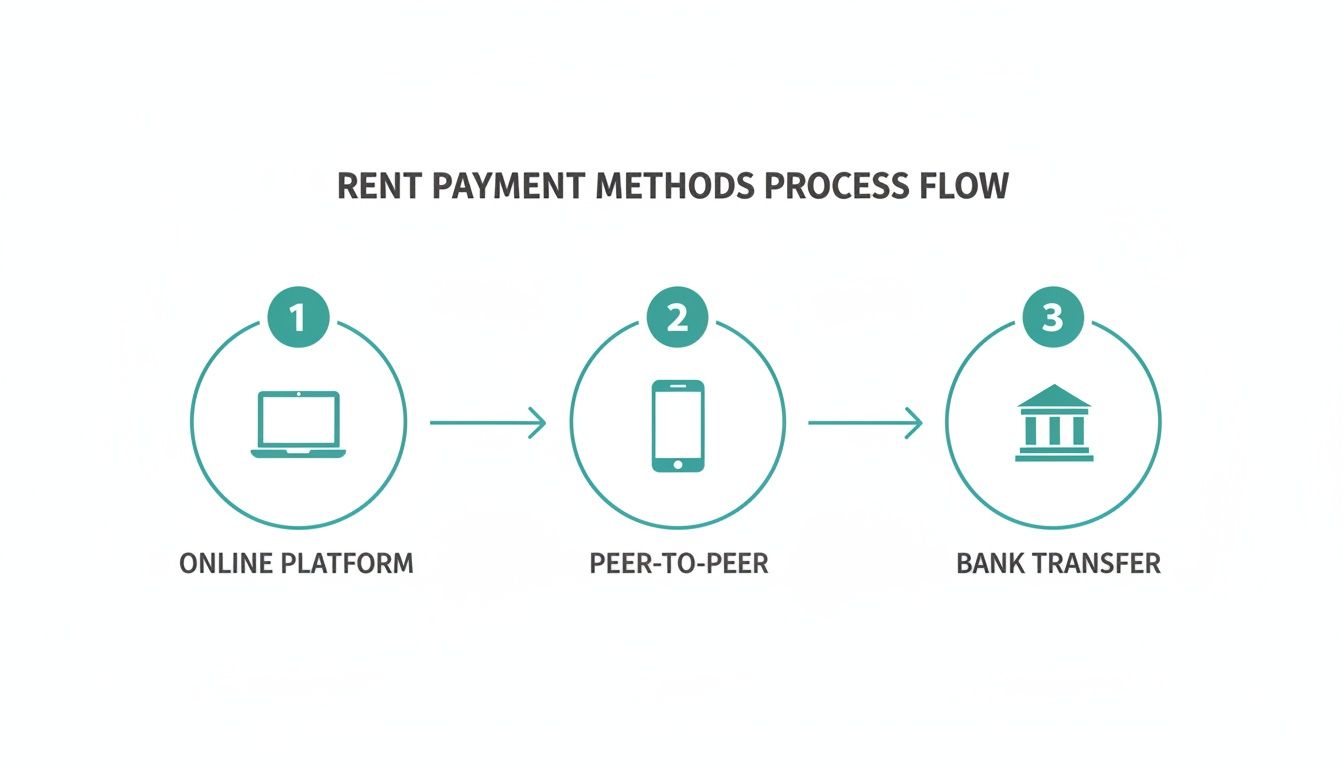 A process flow diagram illustrating three rent payment options: online platform, peer-to-peer, and bank transfer.