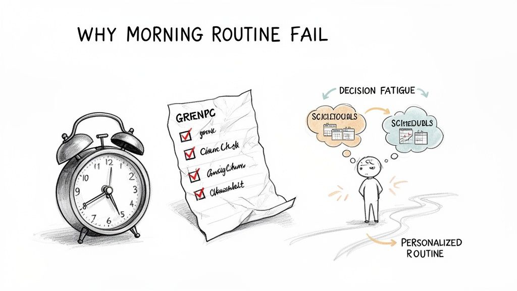 Illustration depicting reasons why morning routines fail, showing decision fatigue, a checklist, and an alarm clock.