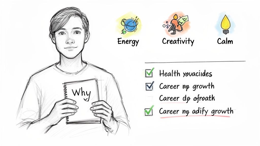 A sketch of a person holding a 'Why' notebook, with icons for energy, creativity, and calm, and a checklist below.