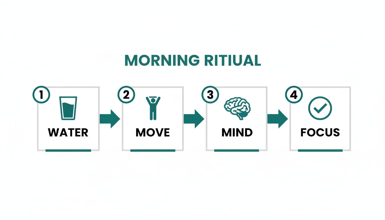 A simple four-step morning ritual guide with icons for water, move, mind, and focus.