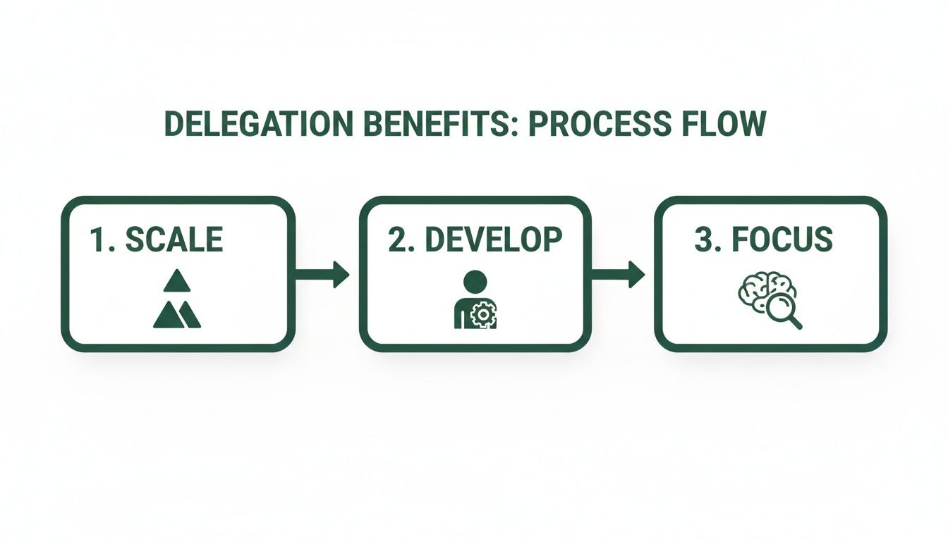 A process flow diagram illustrating the three benefits of delegation: Scale, Develop, and Focus.