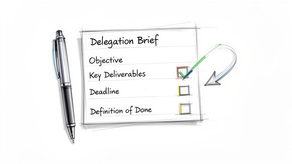 A pen rests beside a 'Delegation Brief' checklist with 'Key Deliverables' marked.