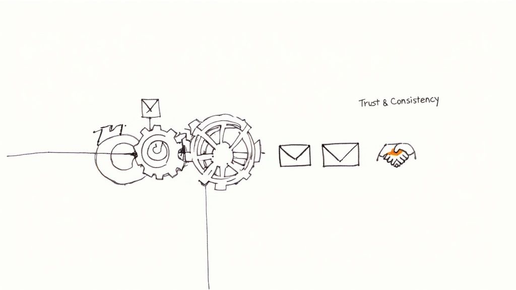 A hand-drawn diagram illustrating a communication process with gears, mail envelopes, and a handshake, emphasizing trust and consistency.