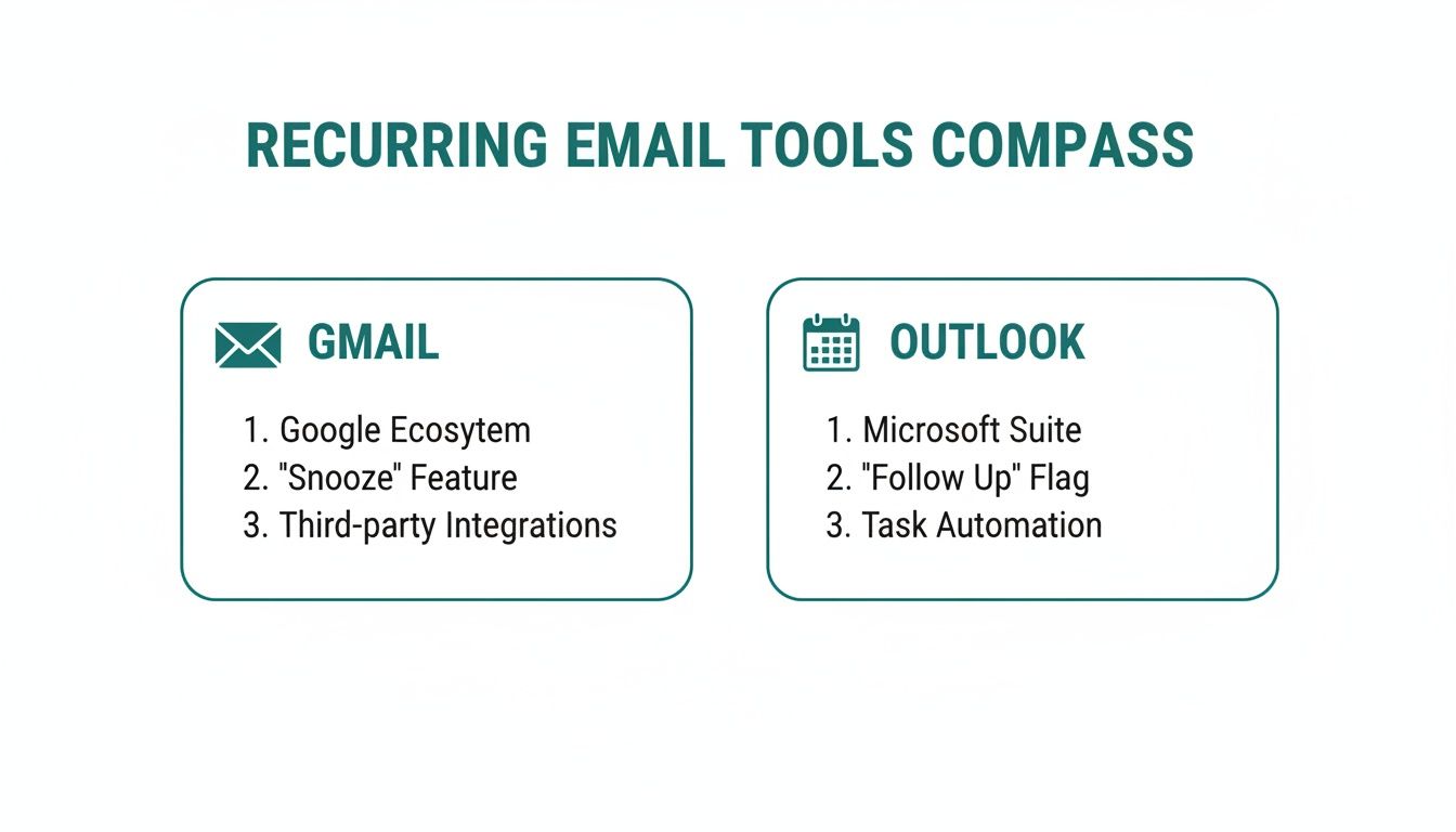 Infographic comparing Gmail and Outlook features for managing recurring emails and tasks.