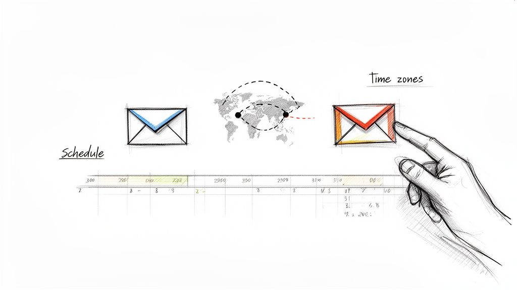Sketch illustrating email scheduling and time zone management with a hand touching an envelope.