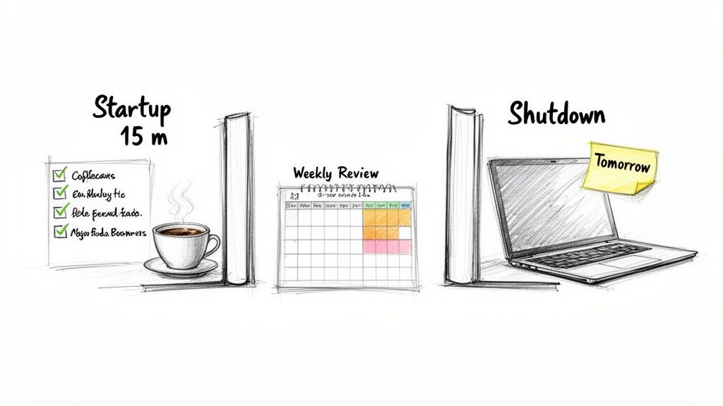 A hand-drawn sketch detailing a structured work routine, including startup, weekly review, and shutdown steps.