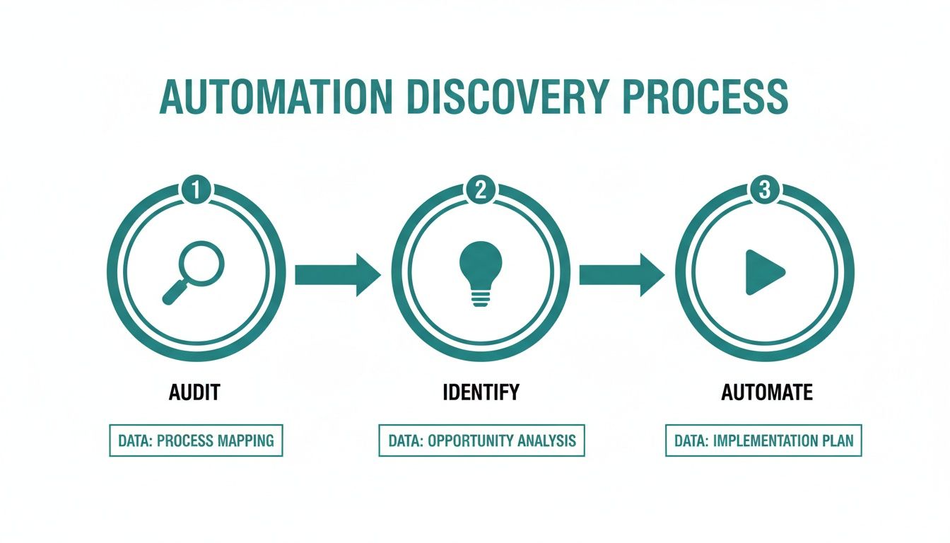 Infographic illustrating the 3-step automation discovery process: Audit, Identify, and Automate, with associated data.