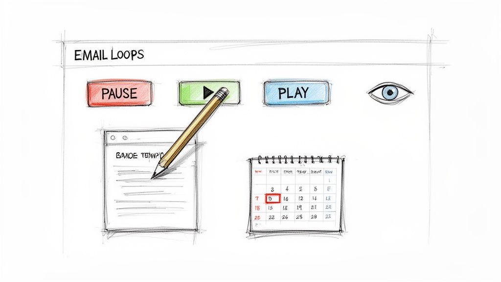 Hand-drawn sketch illustrating email loops with play and pause buttons, a document, and a calendar.