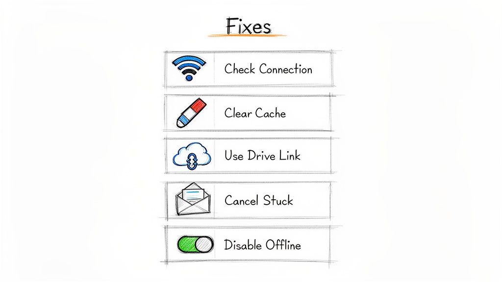 Hand-drawn list of five troubleshooting steps for digital issues, including check connection and clear cache.