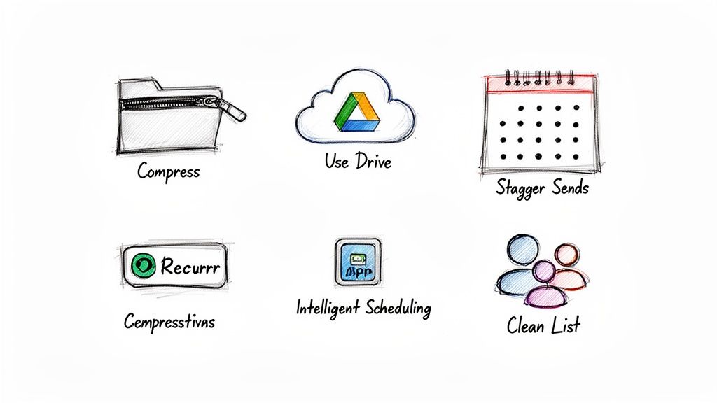 Sketched icons illustrating features: file compression, cloud drive, staggered email sends, intelligent scheduling, recurrr, and clean lists.