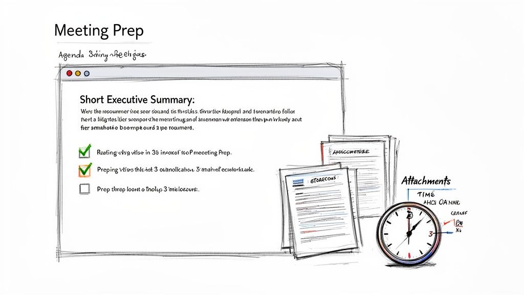 A hand-drawn sketch showing a 'Meeting Prep' screen with a short summary, checklist, attachments, and a clock.