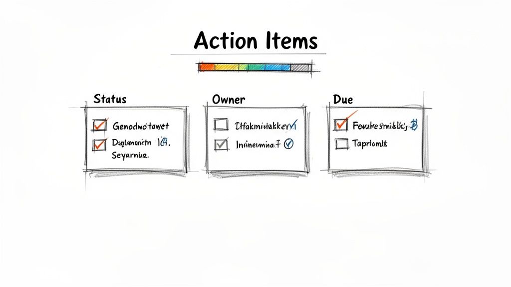A handwritten whiteboard diagram displays 'Action Items' with status, owner, and due date columns.