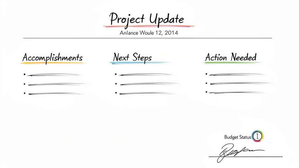 A project update template slide with sections for accomplishments, next steps, and action needed, dated Anlance Woule 2014.