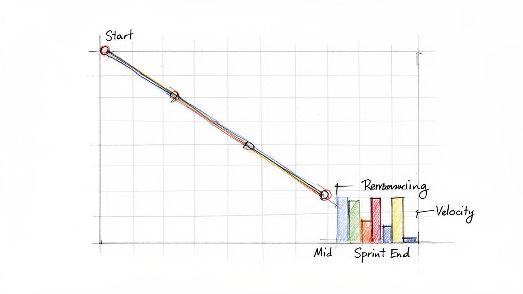 Hand-drawn burndown chart illustrating project progress with remaining work and velocity at sprint end.