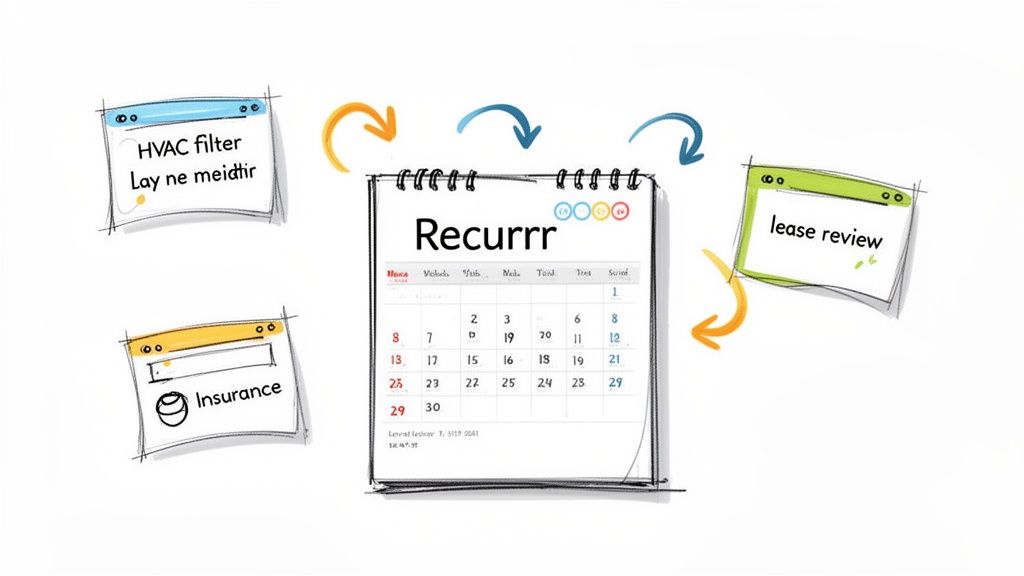 An illustration showing a calendar labeled 'Recurrr' with task windows for property management.