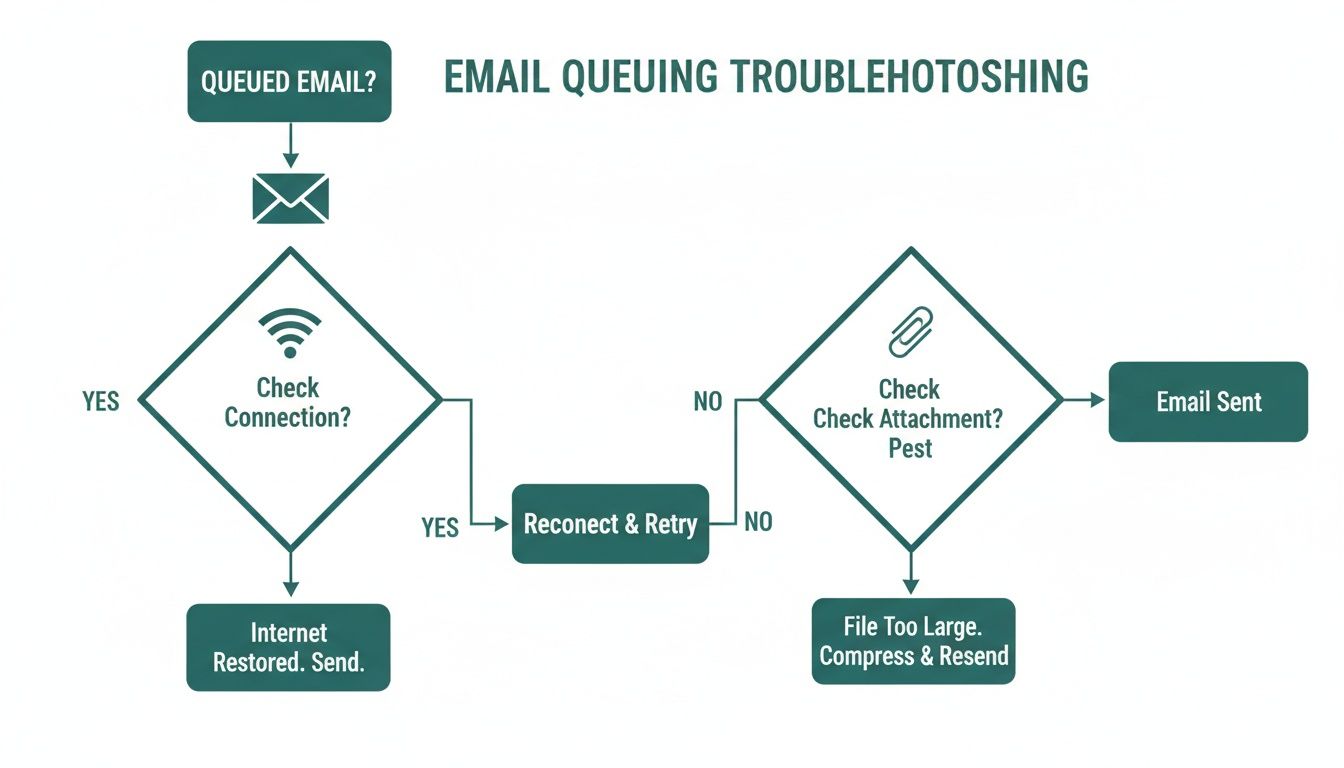A flowchart illustrating troubleshooting steps for email queuing, including checking connection and attachments.