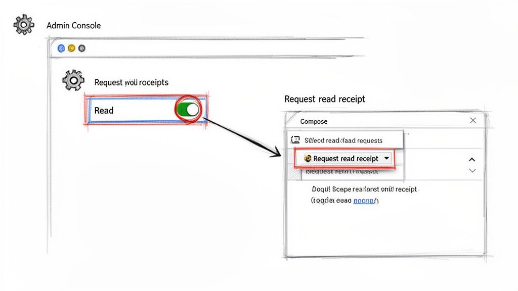 UI sketch showing an admin console, a 'Request read receipts' toggle, and a dropdown menu.
