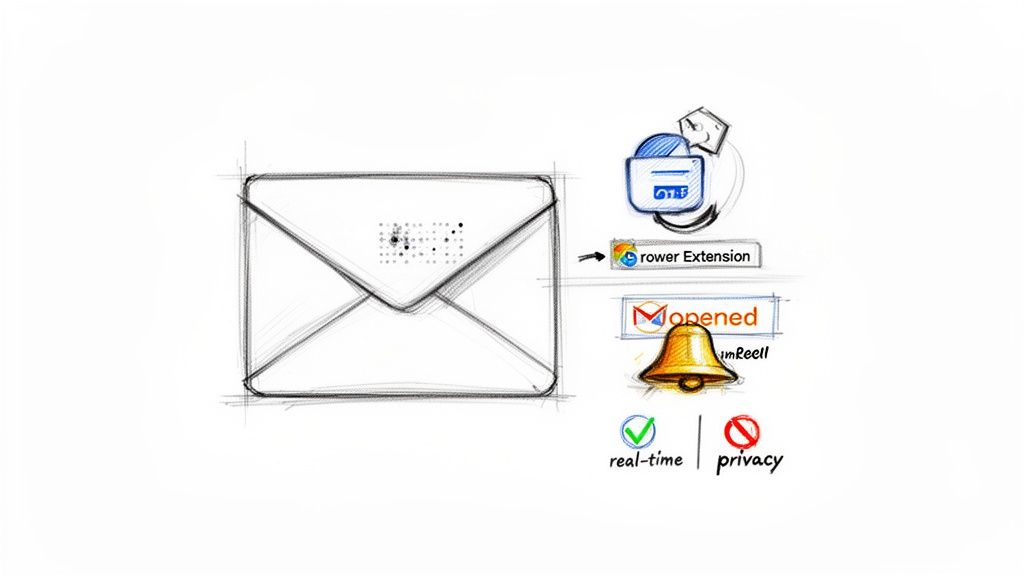 A sketch showing an email envelope connected to a browser extension for real-time read receipts and privacy.