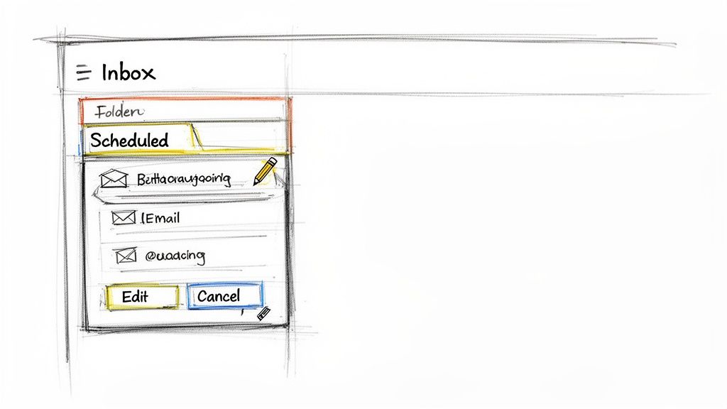 Hand-drawn sketch of an email application's sidebar menu, highlighting 'Scheduled' items with edit options.