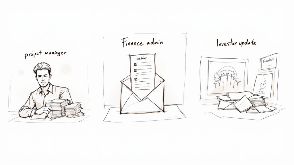An illustration showing a project manager, finance admin with an email, and investor updates.