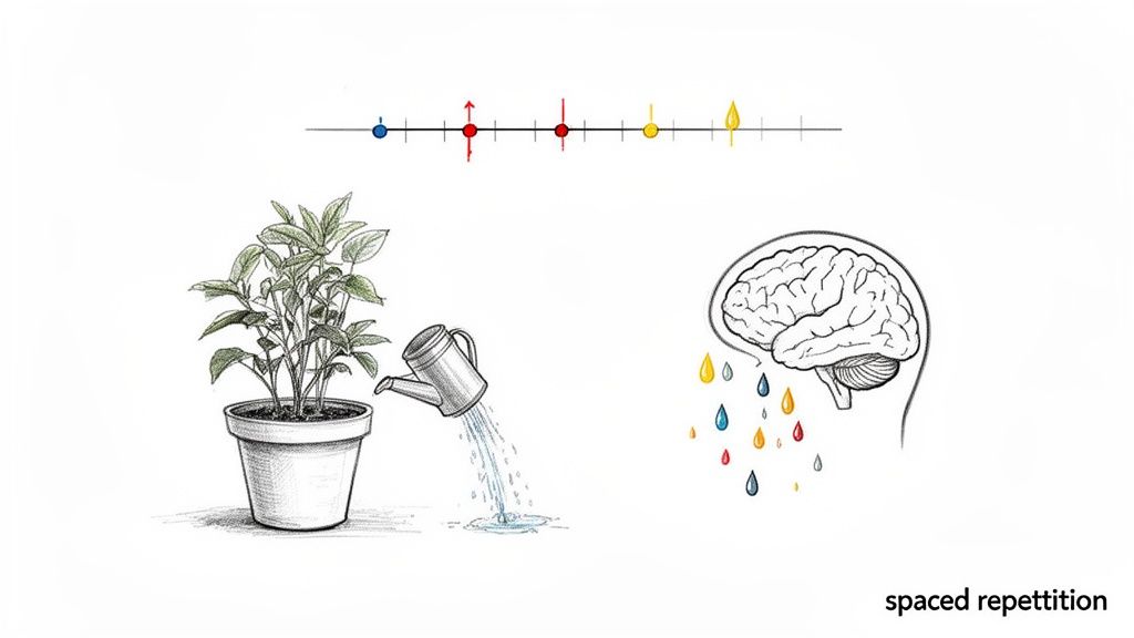 Illustration explaining spaced repetition through a timeline, a plant being watered, and a brain.