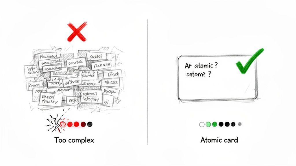 Visualizing effective study methods: a messy pile of complex cards versus one simple atomic flashcard.