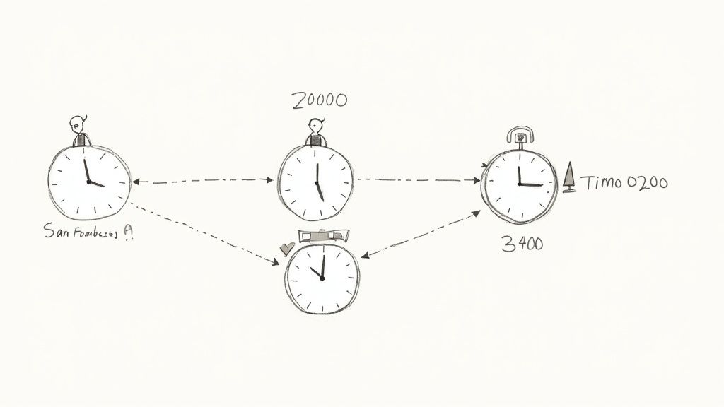 Hand-drawn illustration of clocks connected by arrows, depicting a time zone or meeting schedule.