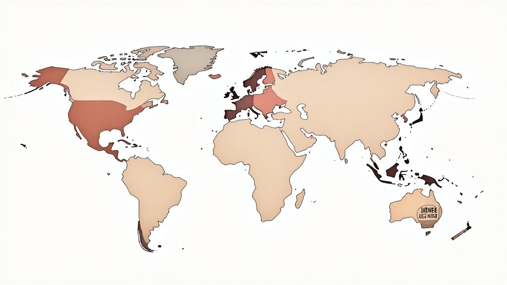 A world map with various countries and regions highlighted in different shades of brown.