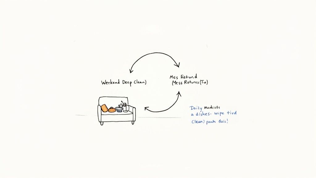 A hand-drawn diagram illustrating a cyclical weekly cleaning schedule, including deep clean, mess, and daily tasks.