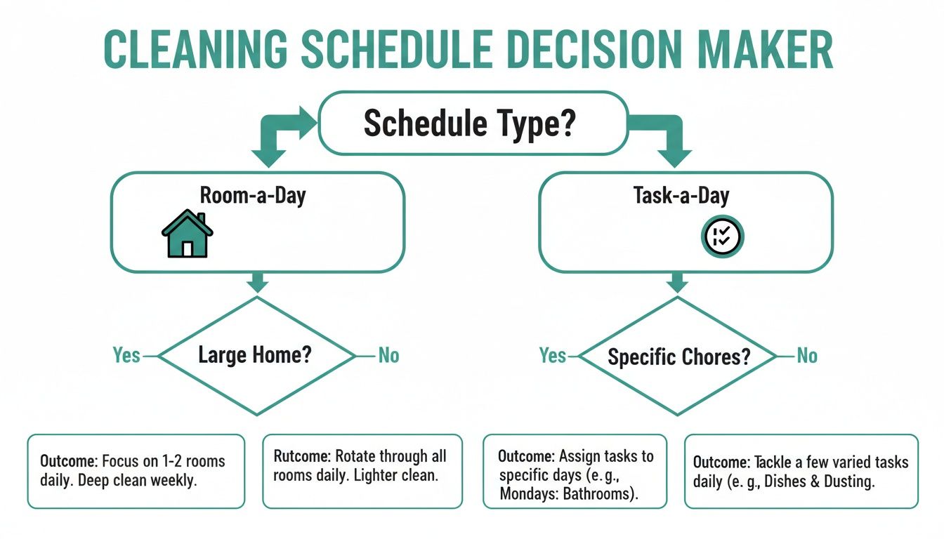 A flowchart for choosing a cleaning schedule, either room-a-day or task-a-day, based on home size and chore preferences.