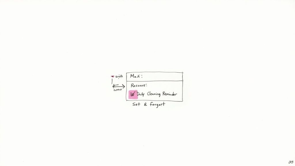 Hand-drawn sketch showing a 'Daily Cleaning Reminder' task with a checkbox and recurrence settings.