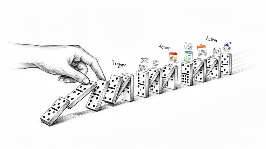 A hand pushes a domino, initiating a chain reaction labeled 'Trigger' and 'Action' with icons.