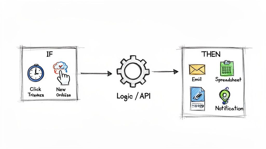 Workflow automation diagram showing IF conditions, Logic/API, and THEN actions like email, spreadsheet, and notifications.