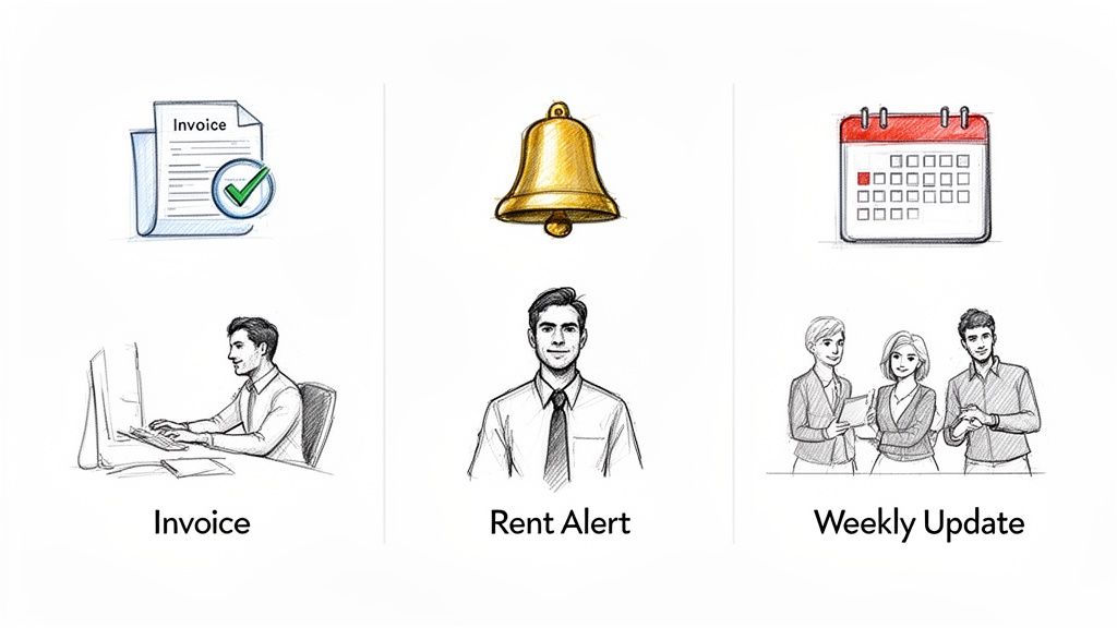Three columns of hand-drawn icons and people representing invoice, rent alerts, and weekly updates.