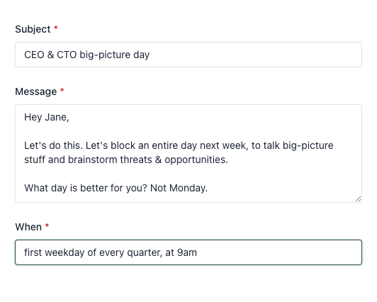 Simple example of a scheduled recurring email, inside the Recurrr compose form.